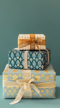 A stack of elegantly wrapped gifts with intricate patterns, likely used for presenting Eid gifts or as a festive decoration.