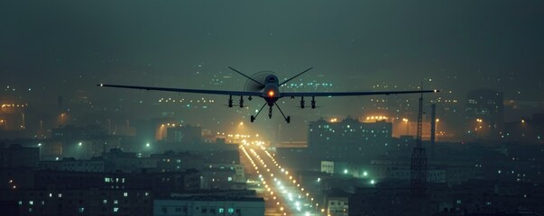 Darkness pierced by drone's lights reveals infrastructure, implying surveillance for potential sabotage or espionage