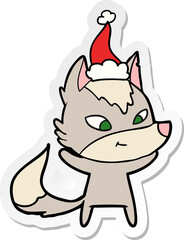 friendly sticker cartoon of a wolf wearing santa hat