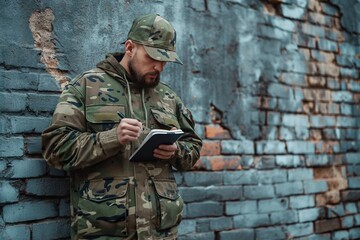 A Caucasian man in a camouflage jacket reading a book outdoors.