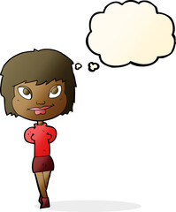 cartoon happy woman with thought bubble