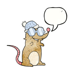 speech bubble textured cartoon mouse wearing glasses and hat