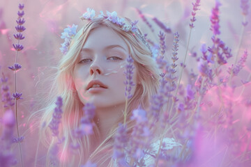 Artistic portrait against a dreamy gradient background blending from soft pink to lavender.
