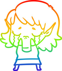 rainbow gradient line drawing cartoon crying elf girl