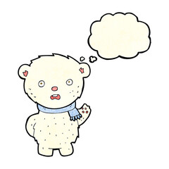cartoon polar bear wearing scarf with thought bubble