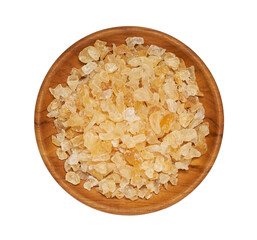 top view flat lay acacia or arabic gum isolated on white food background in wood bowl