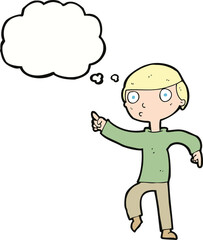 cartoon boy pointing with thought bubble