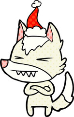 angry wolf comic book style illustration of a wearing santa hat