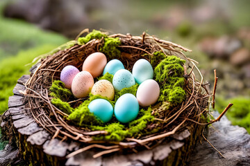 Obraz premium Eggcellent Easter Nest. A nest crafted from twigs, moss, and feathers, adorned with speckled eggs of different sizes and hues