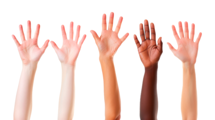 A group of people with different skin tones are raised up in the air Isolated on transparent background, PNG