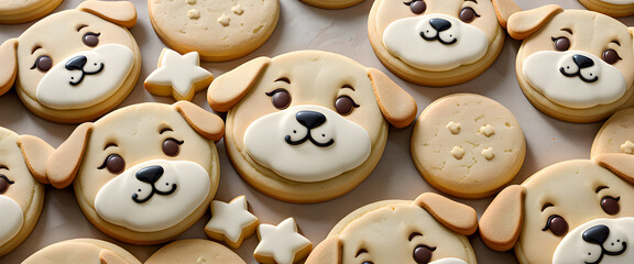 Cookies shaped like cute dog faces. Animal face cookies. Decorated with chocolate and icing.