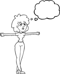 thought bubble cartoon woman spreading arms