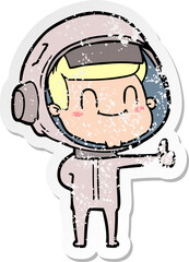 distressed sticker of a happy cartoon astronaut