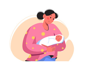 Happy new mom holding her infant in her arms. Cute woman hugs her newborn baby. Motherhood and child care vector illustration. Happy parent feeling love. Pregnancy and breastfeeding concept. 