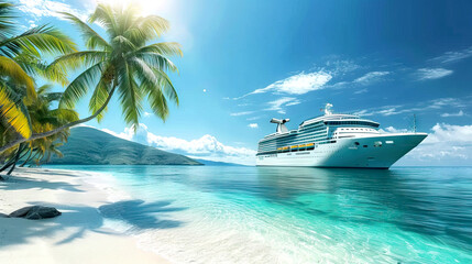 Fototapeta na wymiar Luxury Cruise Ship on Tropical Beach with Palm Trees and Clear Blue Water