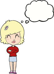 cartoon happy woman with folded arms with thought bubble