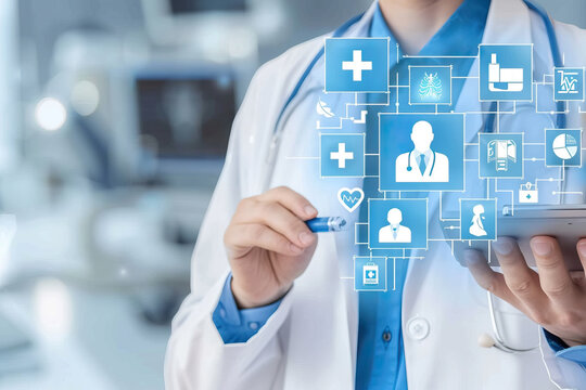 Medical Doctor Interacting with Virtual Interface of Healthcare Symbols and Icons
