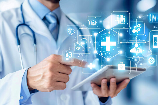 Healthcare Professional Using Tablet with Futuristic Medical Icons Interface
