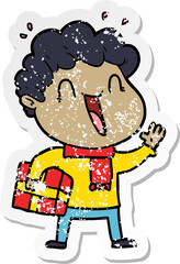 distressed sticker of a cartoon happy man
