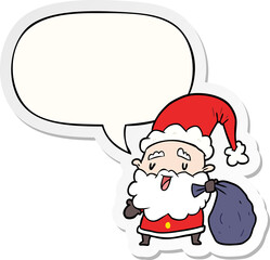 cartoon santa claus carrying sack of presents and speech bubble sticker
