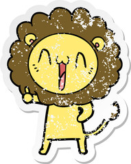 distressed sticker of a happy cartoon lion