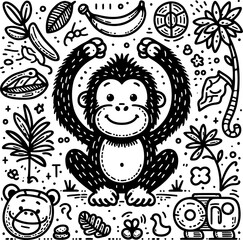 chimpanzee, howler, colobus monkey in cute animal doodle cartoon, children mascot drawing, outline,