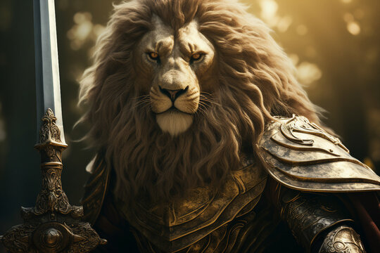Generative AI illustration image of wild animal lion king knight with armor and sword
