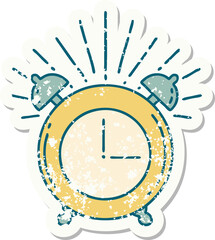 grunge sticker of tattoo style ringing alarm clock