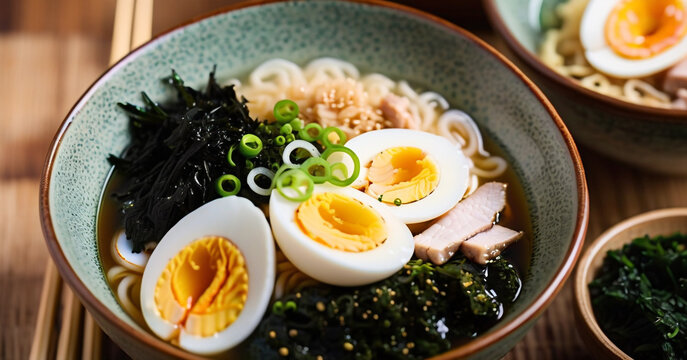 The image showcases a vibrant bowl of ramen, surrounded by various ingredients and toppings. The ramen is garnished with sliced meat, boiled eggs, vegetables, and seaweed.