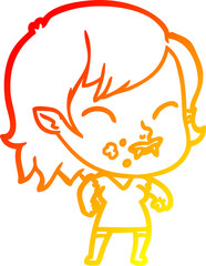 warm gradient line drawing cartoon vampire girl with blood on cheek