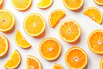 Fototapeta premium fruit pattern of fresh orange slices on white background. Top view