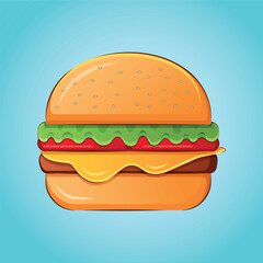 Vector cartoon bright color burger in a flat style on a blue background  wallpaper, tshirt print design illustration. Vector cute hamburger art