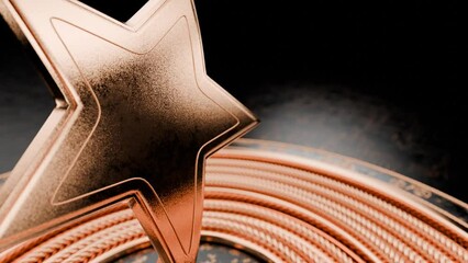 Appearance of a prize, an award in the form of a star. Free space on video for text. Opening screen for your awards ceremony. Camera movement with horizontal rotation towards the golden award.