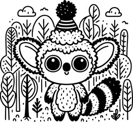 lemur in cute animal doodle cartoon, children mascot drawing, outline,

