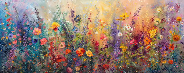 Layers of oil paint reveal a garden where every flower contributes to a grand symphony of colors a stunning tribute to natures palette - obrazy, fototapety, plakaty