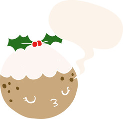 cute cartoon christmas pudding and speech bubble in retro style