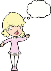 cartoon woman waving with thought bubble
