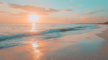 Naklejka premium The serene beauty of a sunrise beach where the first light kisses the calm sea crafting a backdrop for romantic wanderlust adventures