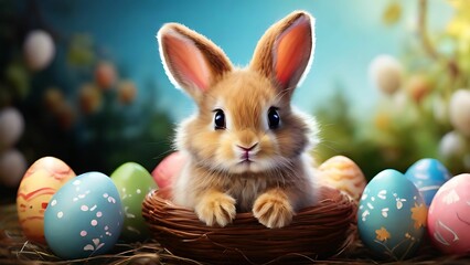 Fototapeta na wymiar Easter bunny in basket with colorful eggs