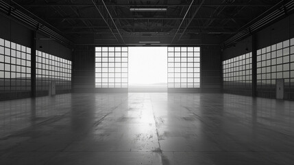The stark beauty of an empty hangar concrete floors extending into infinity offering a blank canvas for imagination