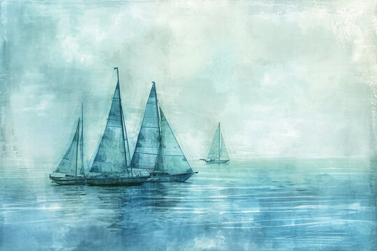 Sailboats on the Ocean under Foggy Skies A Serene Watercolor Painting of Maritime Tranquility