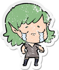 distressed sticker of a cartoon crying elf girl