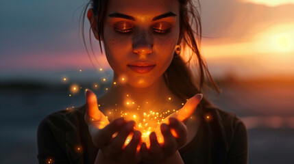 A serene portrait of a healer her hands glowing with vibrant energy symbolizing peace and spiritual wellness against a calm backdrop