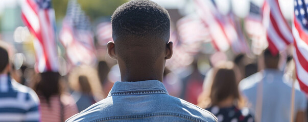 Amidst a backdrop of jubilation a black individual in casual attire merges with the crowd their collective pride symbolized by American flags on Independence Day