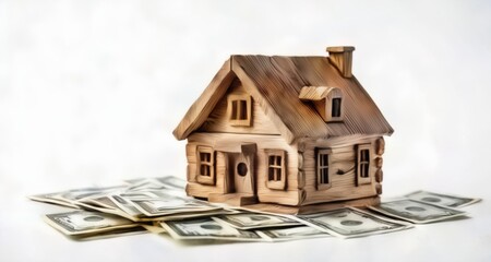  A miniature wooden house on a bed of money, symbolizing wealth and success