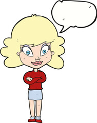 cartoon happy woman with folded arms with speech bubble