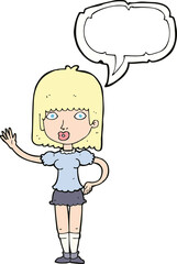 cartoon woman waving with speech bubble