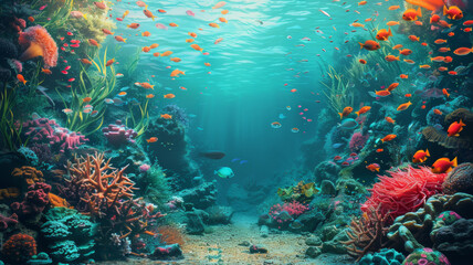 Ocean floor with corals reef and tropical fish