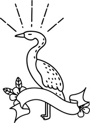 banner with black line work tattoo style standing stork