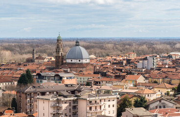Fototapeta na wymiar Top view on the Gattinara city with the parish church of San Pietro Apostolo, province of Vercelli, Piedmont, Italy